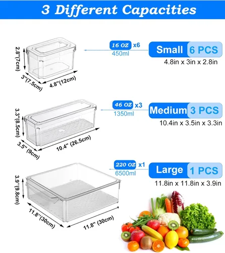 Vista 3 de KUMD Paquete de 10 contenedores organizadores transparentes para refrigerador con tapas, contenedores apilables para refrigerador, sin BPA