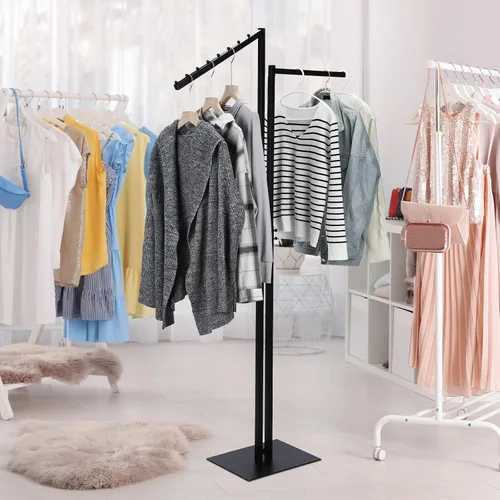 Vista 5 de Ripeng Perchero de ropa de 2 vías con brazos rectos e inclinados, perchero de ropa resistente para restaurantes minoristas, pantalla de Negro