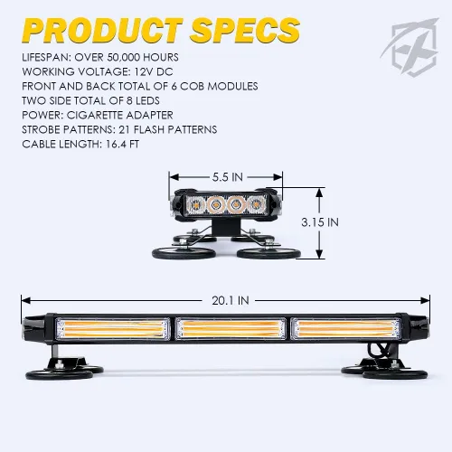 Vista 7 de Xprite Barra de Luces Estroboscópicas Intermitentes LED COB Ámbar para Techo de Doble Cara de 21" de Alta Visibilidad Luces de Baliza de Advertencia