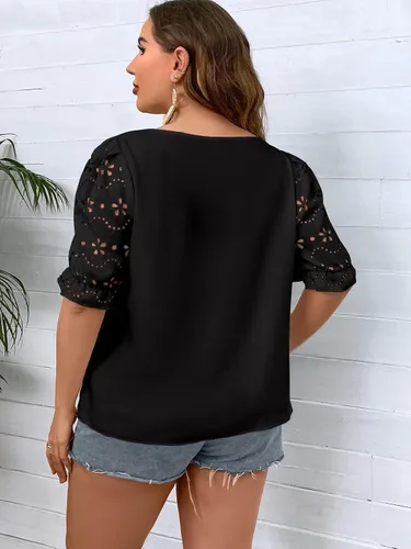Vista 2 de SOLY HUX Women's Plus Size Puff Half Sleeve Round Neck Hollow Out Work Blouse Tops