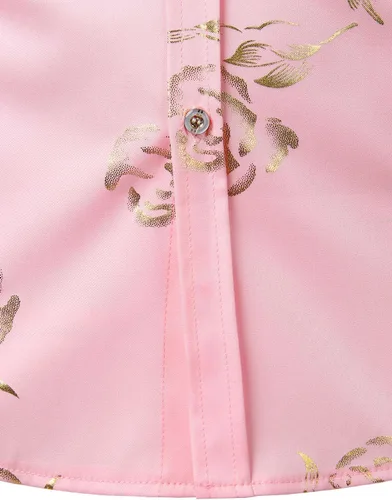 Vista 5 de ZEROYAA - Camisas de vestir de manga corta con estampado de rosa dorada para hombre, estilo hipster, calce ajustado, con botones