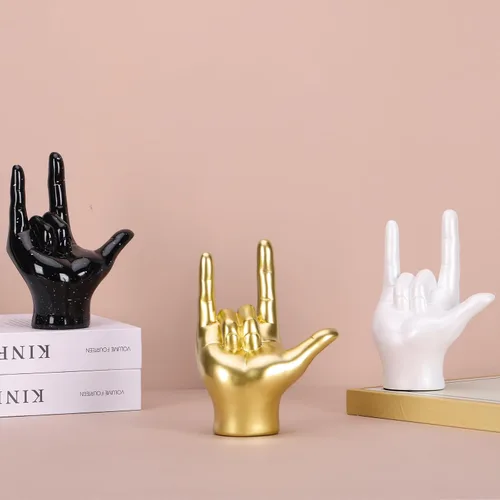 Vista 5 de DOVDOV Estatua de gesto "I Love You", detalles dorados para decoración del hogar, decoración de escultura de mano de arte moderno, oficina, boda