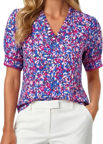 Vista 8 de GRACE KARIN Blusas florales bohemias para mujer, camisas casuales de verano de manga corta abombada, blusa de trabajo de vacaciones con cuello en V