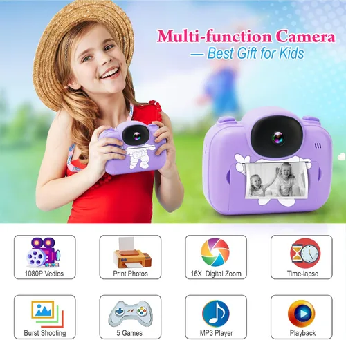 Vista 2 de Cámara de impresión instantánea para niños, cámara digital instantánea para niños de 3.5 pulgadas con fotos y videos HD de 1080P, regalos
