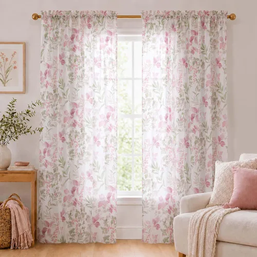 Vista 10 de OWENIE Juego de 2 paneles de cortinas traslúcidas florales de 96 pulgadas Verde salvia/multi