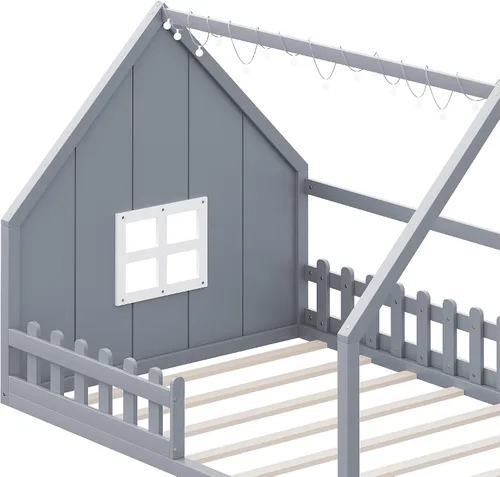 Vista 9 de Bellemave Cama de casa tamaño matrimonial, cama de piso de madera para niños, cama Montessori con barandillas y listones para niños y niñas, altura