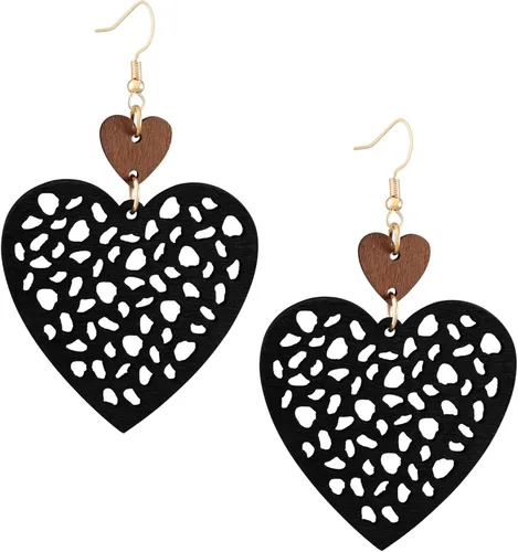 Vista 14 de Bohemian Hollow Cut-Out Wood Leather Dangle Drop Earrings, Boho Chic Hippie Statement Jewelry Gift for Women S01A