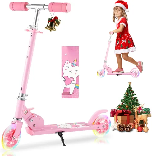 Vista 7 de Patinete para niños de 3 a 12 años - Patinetes para niños con ruedas LED iluminadas y manillar ajustable en 3 niveles, patinete rosa plegable