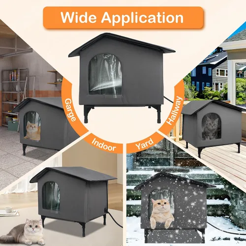 Vista 8 de Casa para gatos climatizada resistente a la intemperie, casa para gatos al aire libre con cama térmica, casa aislada para gatos elevados, refugio