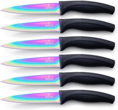 Vista 15 de SiliSlick Juego de cuchillos para carne de acero inoxidable, cuchillos de cocina coloridos con revestimiento de titanio con borde recto, suave
