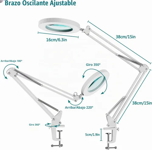 Vista 4 de Youkoyi - Lámpara LED de aumento con brazo basculante metálico - 10 niveles de brillo, 3 modos de color, aumento de 5X, lente de vidrio de 4.1