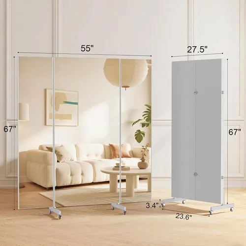 Vista 4 de brisafe 67"x55" Folding Mirror with Wheels, 3-Panel Full Length Standing Mirror, Space-Saving, Shatterproof Nano Material, Portable Floor Mirror for