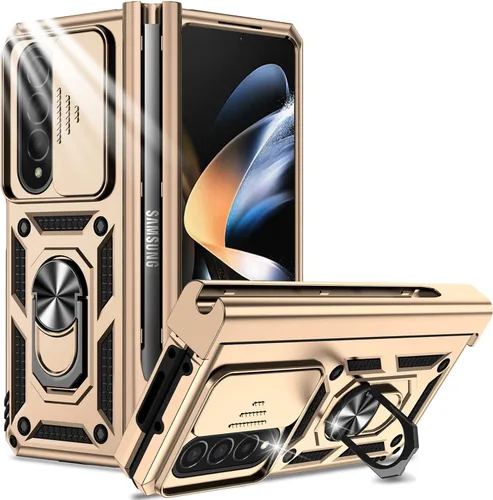Vista 9 de Miimall Funda compatible con Samsung Z Fold 4 con protección de bisagra, soporte para bolígrafo, cubierta de cámara, soporte de anillo, soporte
