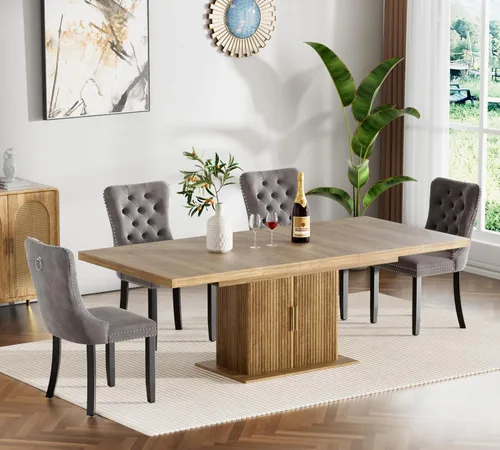 Vista 37 de Juego de mesa de comedor extensible de 5 piezas, juego de mesa de comedor extensible de estilo granja para 4, mesa de cocina expandible de madera