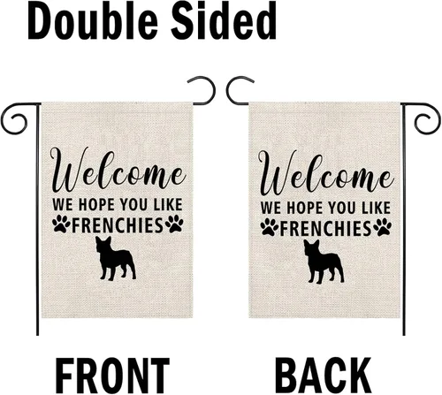 Vista 2 de PWHAOO Bandera de jardín de Frenchie Bandera de bulldog francés, bandera de bienvenida con texto en inglés "Welcome We Hope You Like Frenchies F