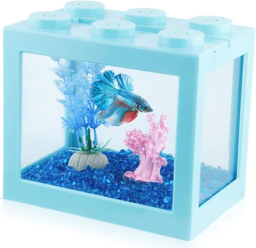 Vista 11 de Pequeño tanque de peces Betta, mini tanque apilable de pecera, kit de tanque de acuario rectangular de 3/5 galones con decoración de grava