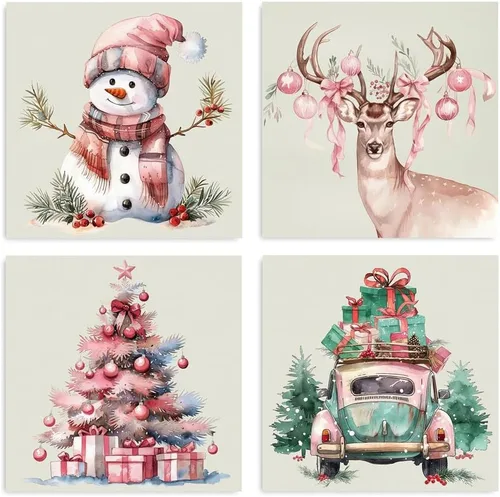 Vista 2 de Arte de Lienzo de Pared de Navidad Rosa - Juego de 4 Muñeco de Nieve, Ciervo, Árbol de Navidad y Camión Póster de Arte de Navidad - Pintura Estética