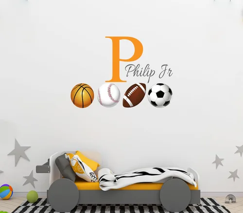 Vista 2 de Calcomanía de pared con nombre personalizado con inicial y pelotas deportivas, decoración artística de pared de fútbol, béisbol, baloncesto, fútbol