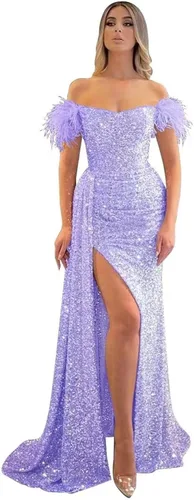 Vista 27 de Vestidos de fiesta de lentejuelas con hombros descubiertos, vestido formal de sirena brillante, vestido largo de fiesta de noche con abertura