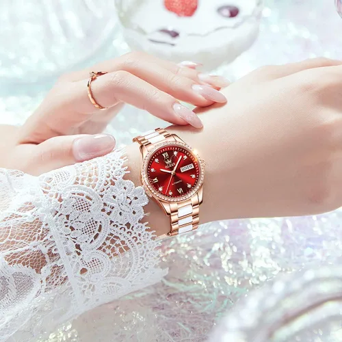 Vista 2 de OLEVS Relojes de oro rosa para mujer correa de acero inoxidable de cerámica reloj mecánico automático calendario de puntero luminoso impermeable
