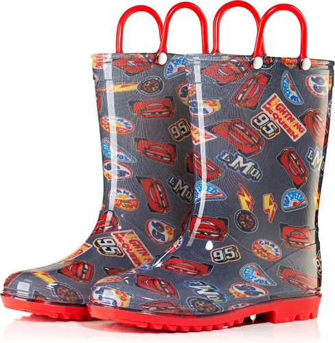 Vista 2 de Disney Cars Lightening McQueen - Botas de lluvia de PVC para niños, asas fáciles de poner, color negro para niños pequeños y pequeños