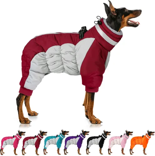 Vista 11 de MIGOHI Abrigo para perro de cuerpo completo - Abrigo de invierno cálido y reflectante para perros pequeños con arnés, chaqueta de cuello alto