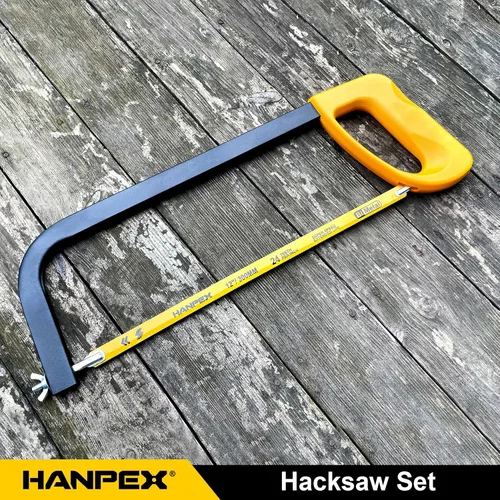 Vista 5 de Hanpex Marco de sierra para metales de alta tensión de 12 pulgadas con 5 cuchillas extra bimetálicas, sierra de mano adecuada para metal, madera
