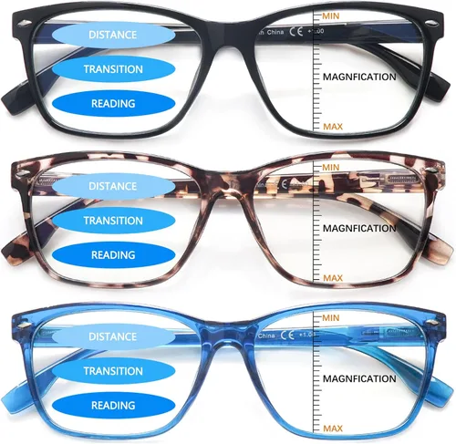 Vista 10 de Paquete de 3 Gafas de Lectura Progresivas Multifoco para Mujeres y Hombres con Bloqueo de Luz Azul, Bisagras de Resorte Multifoco, Lectores
