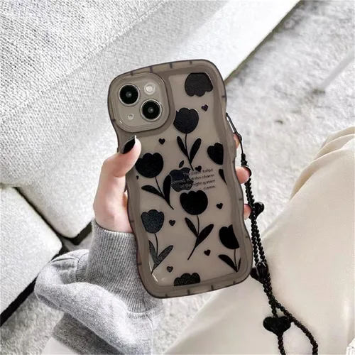 Vista 7 de Funda compatible con iPhone 11 Pro Max con bonito diseño de flores negras y sencillas, para mujeres, adolescentes y niñas, funda protectora de lente
