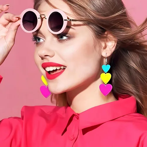 Vista 4 de Aretes de neón de los años 80 y 90 para mujer, estilo punk, retro, coloridos, acrílicos, colgantes, para cosplay, fiesta brillante, festival