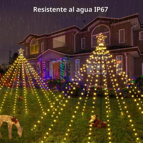 Vista 6 de Luces de árbol de Navidad de 340 LED con estrella superior, IP67, impermeable, control remoto, luces de cascada con poste, 16 modos, 3