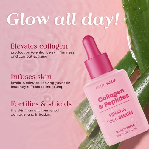 Vista 4 de Glow Elixir Suero facial de colágeno y péptidos, suero reafirmante y antiarrugas para reparación de la piel, líneas finas y tratamiento de arrugas