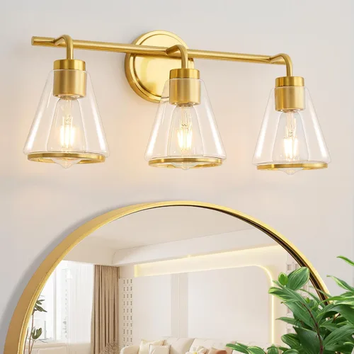 Vista 20 de Accesorios de iluminación de baño sobre espejo Luces de tocador doradas de 2 luces con pantalla de vidrio transparente de 14 pulgadas Luces