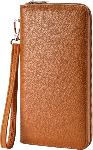 Vista 20 de Cartera clutch de cuero vegano para mujer con cremallera, correa de mano, gran capacidad 01 Cuero Genuino Negro
