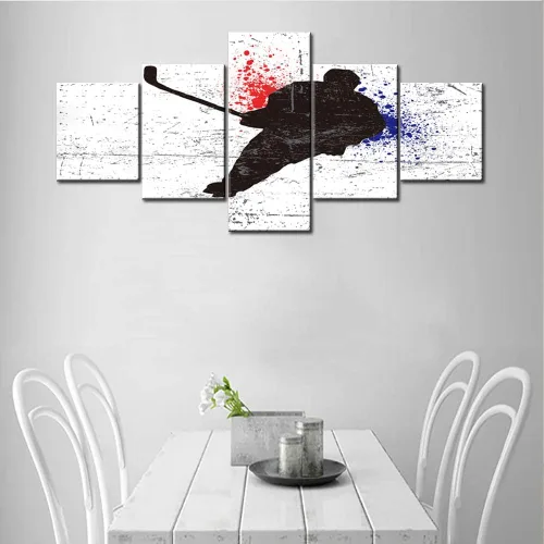 Vista 4 de Lienzo deportivo para pared, póster de hockey en blanco y negro, impresiones HD, pintura de chorro de tinta roja y azul, imagen abstracta