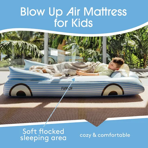 Vista 3 de FUNBOY Cama de viaje infantil azul inflable y colchón. Perfecta para fiestas de pijamas. Incluye bolsa de almacenamiento y transporte, individual