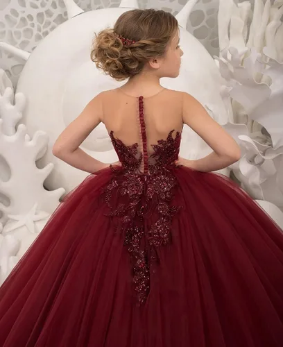 Vista 2 de Precioso vestido de niña de flores de tul para niños de boda con cuentas princesa sin mangas vestidos de baile