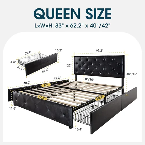 Vista 98 de WEEWAY Base de cama de plataforma tamaño King con 4 cajones de almacenamiento, cabecera capitonada con botones de costura de diamante, base de Negro