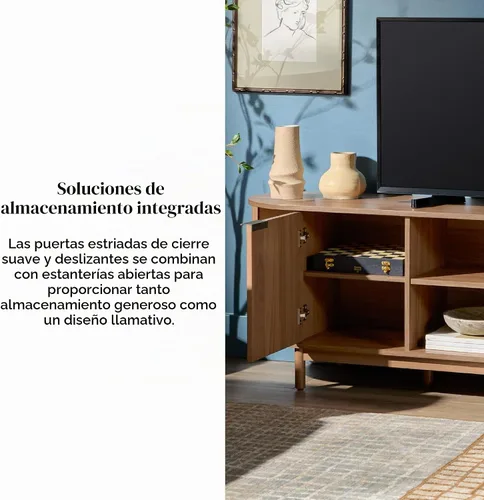 Vista 4 de Walker Edison Chloe Soporte de TV Curvo Acanalado, Puertas Corredizas, 75 Pulgadas, 70 pulgadas, Moca