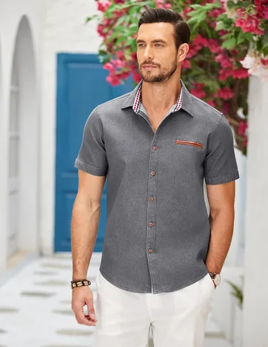Vista 3 de COOFANDY Camisa casual de algodón de manga corta con botones y cuello a cuadros para hombre