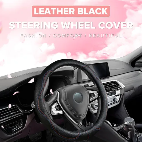 Vista 6 de Funda negra para volante de automóvil, antideslizante, transpirable, cómoda, de cuero PU, lindo protector universal, accesorios interiores