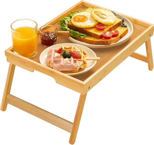 Vista 8 de Pipishell - Bandeja de bambú para cama con patas plegables, bandeja de desayuno para sofá, cama, comer, trabajar, se utiliza como bandeja de Negro