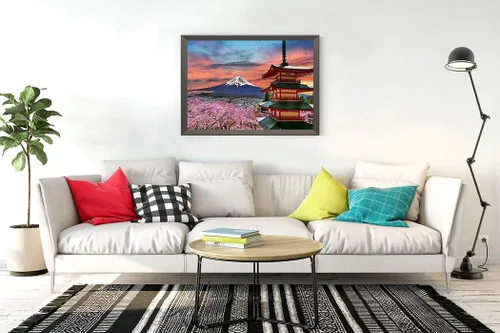 Vista 2 de Kit de pintura de diamante 5D para bricolaje, flores de lapso de tiempo, chureito primavera, pagoda Fuji, montaña, 14 x 20 pulgadas, para adultos