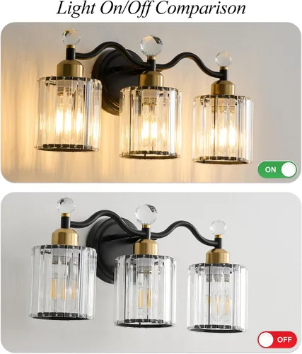 Vista 5 de Moderna lámpara de cristal para tocador de baño, 3 luces negras y doradas, lámparas de tocador sobre espejo, lámpara de pared de vidrio