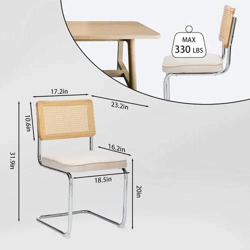 Vista 3 de Juego de 2 sillas de comedor de terciopelo con respaldo de ratán, diseño moderno Breuer con base cromada inoxidable sin brazos tapizada para Beige