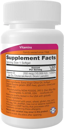 Vista 2 de Now Foods Suplementos, Vitamina D-3 10,000 UI, Máxima Potencia, Soporte Estructural*, 30 Cápsulas Blandas