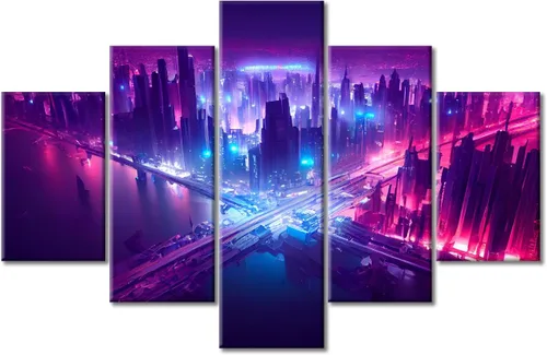 Vista 113 de Cuadros de 5 paneles de Cyberpunk City, arte de pared, representación de vallas publicitarias, edificios modernos en la capital con obras de arte