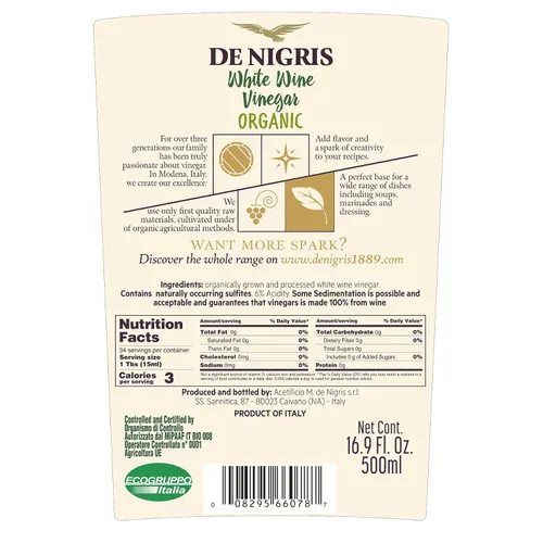 Vista 2 de De Nigris Vinagre de Vino Blanco Ecológico 6% Acidez - 500mL