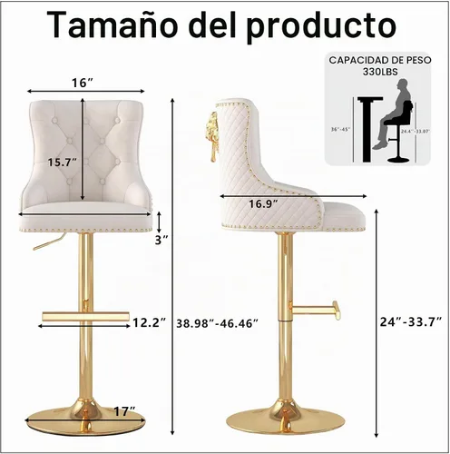 Vista 3 de Juego de 2 taburetes de bar de terciopelo, altura ajustable, base de metal dorado, beige Diseño de cabeza de clavo, función giratoria, ideal