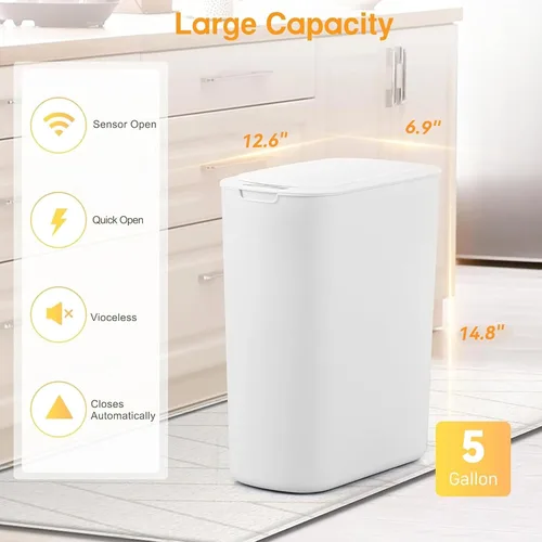Vista 2 de Basurero de baño con tapa de 5 galones, color blanco, sin contacto, automático, sin contacto, para cocina, dormitorio, oficina, sala de estar